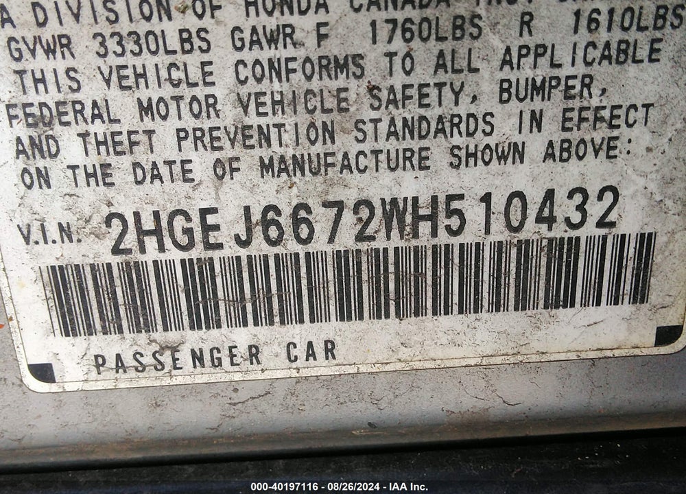 1998 HONDA CIVIC LX VIN: 2HGEJ6672WH510432