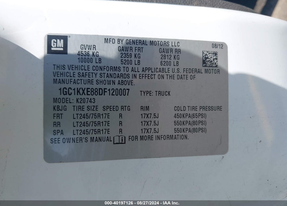 2013 CHEVROLET SILVERADO 2500HD LT VIN: 1GC1KXE88DF120007