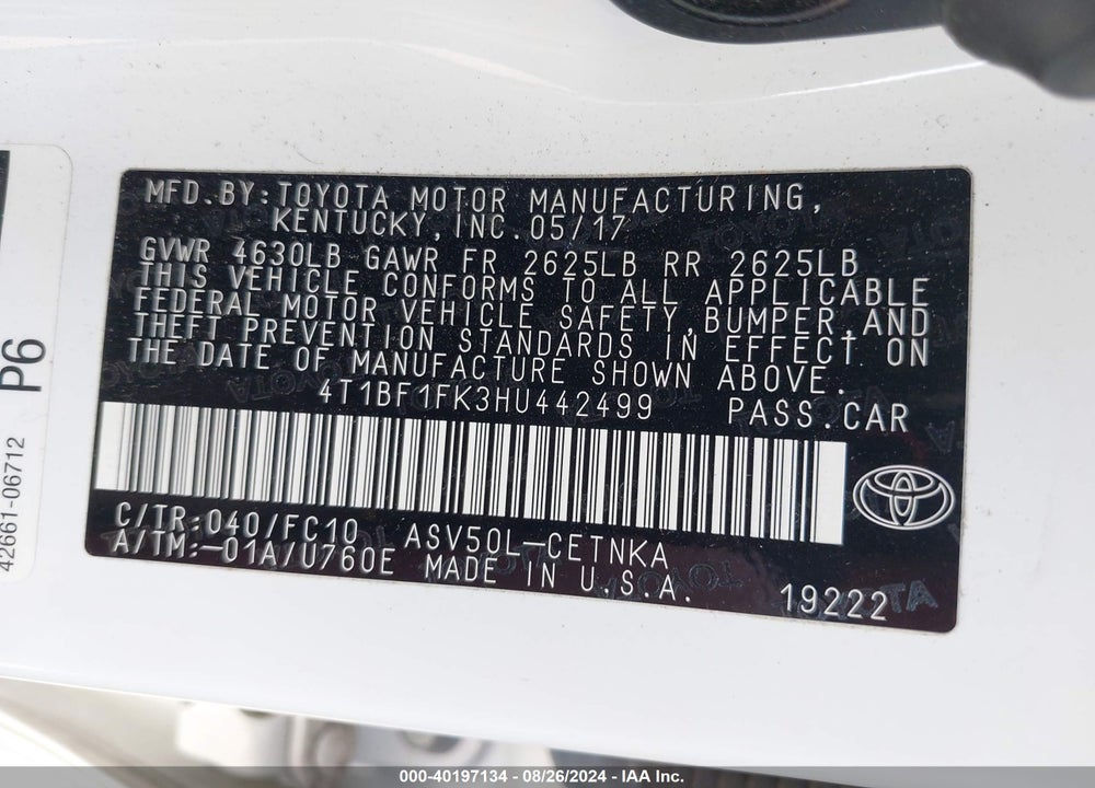 2017 TOYOTA CAMRY LE VIN: 4T1BF1FK3HU442499