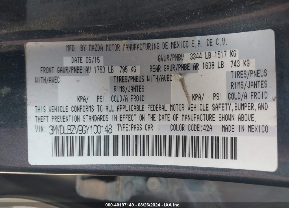 2016 SCION IA VIN: 3MYDLBZV9GY100148