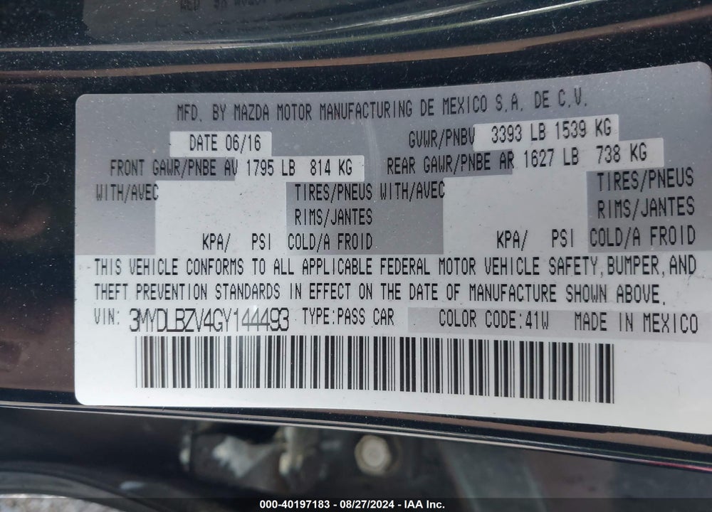 2016 SCION IA VIN: 3MYDLBZV4GY144493