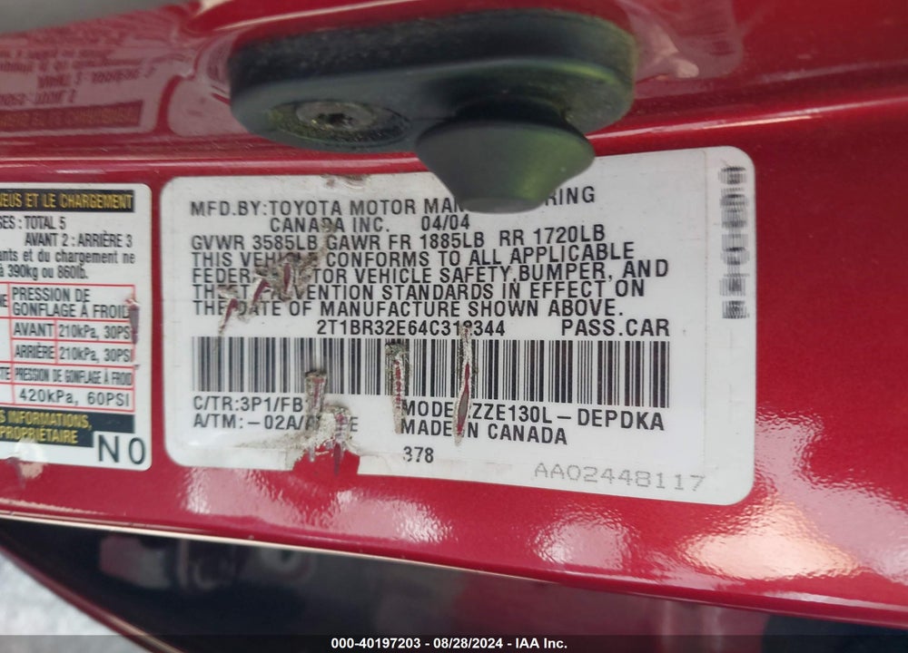 2004 TOYOTA COROLLA CE VIN: 2T1BR32E64C312344