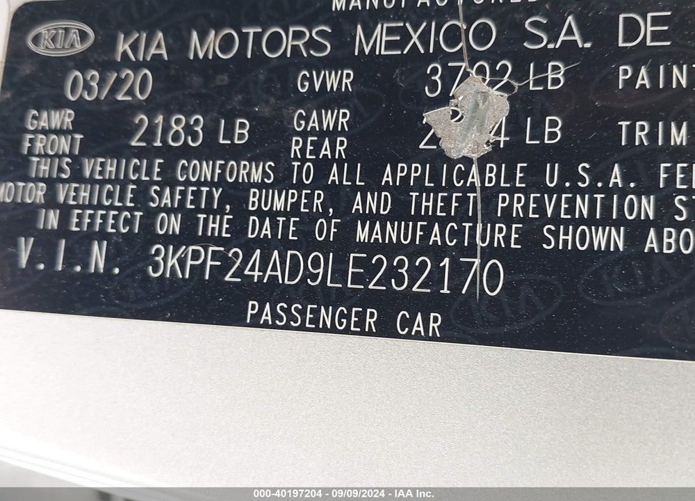 2020 KIA FORTE LXS VIN: 3KPF24AD9LE232170