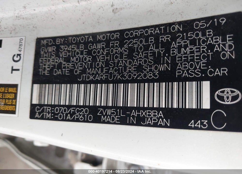 2019 TOYOTA PRIUS L ECO VIN: JTDKARFU7K3092083