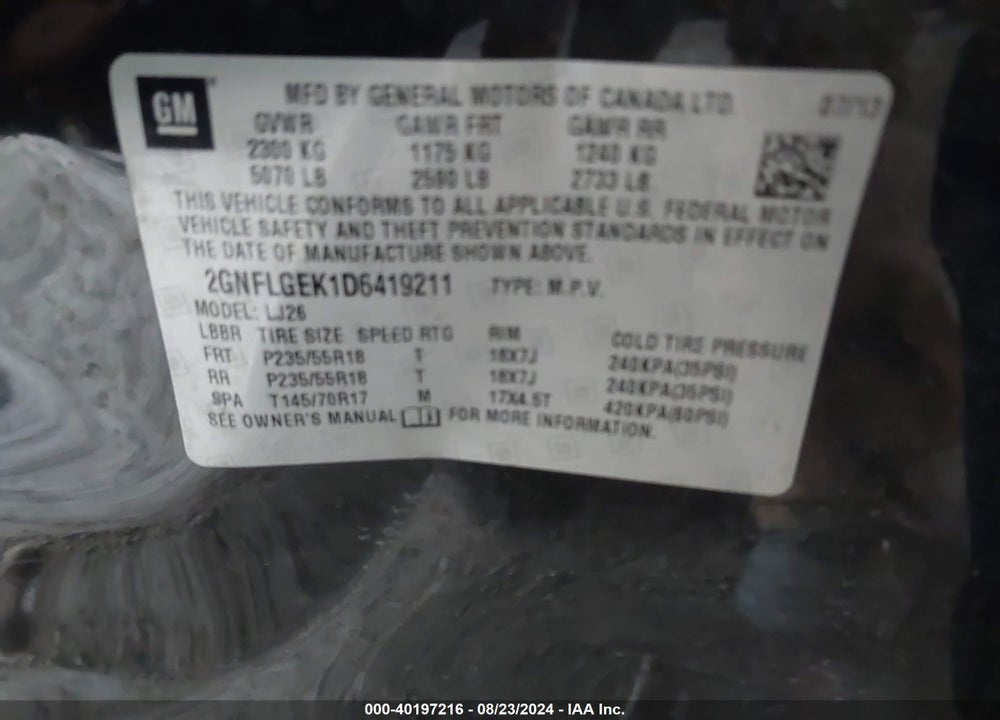 2013 CHEVROLET EQUINOX LTZ VIN: 2GNFLGEK1D6419211