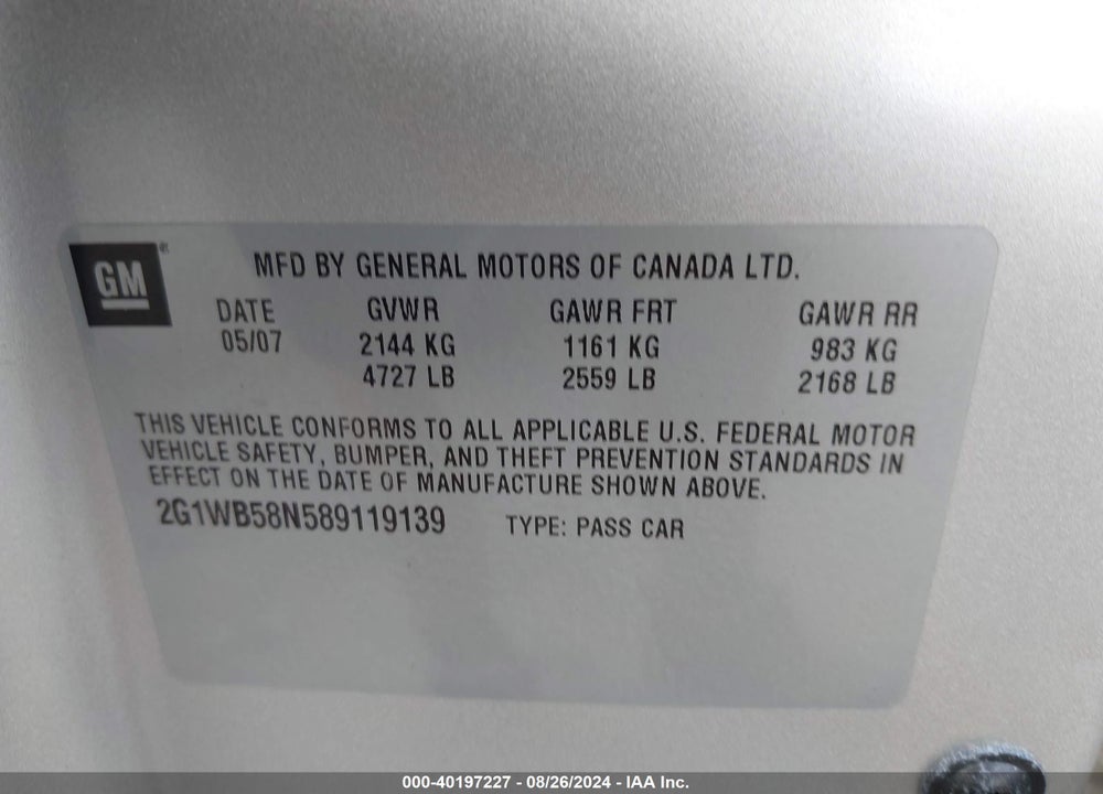 2008 CHEVROLET IMPALA LS VIN: 2G1WB58N589119139