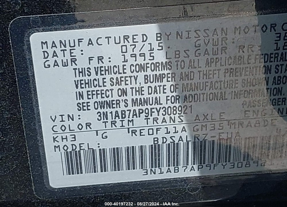 2015 NISSAN SENTRA SR VIN: 3N1AB7AP9FY308921
