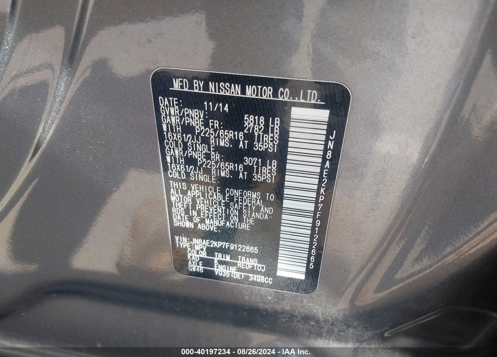 2015 NISSAN QUEST VIN: JN8AE2KP7F9122665