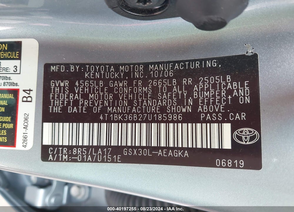 2007 TOYOTA AVALON XLS VIN: 4T1BK36B27U185986