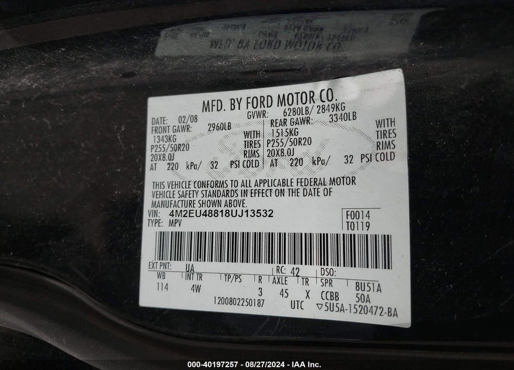 2008 MERCURY MOUNTAINEER VIN: 4M2EU48818UJ13532