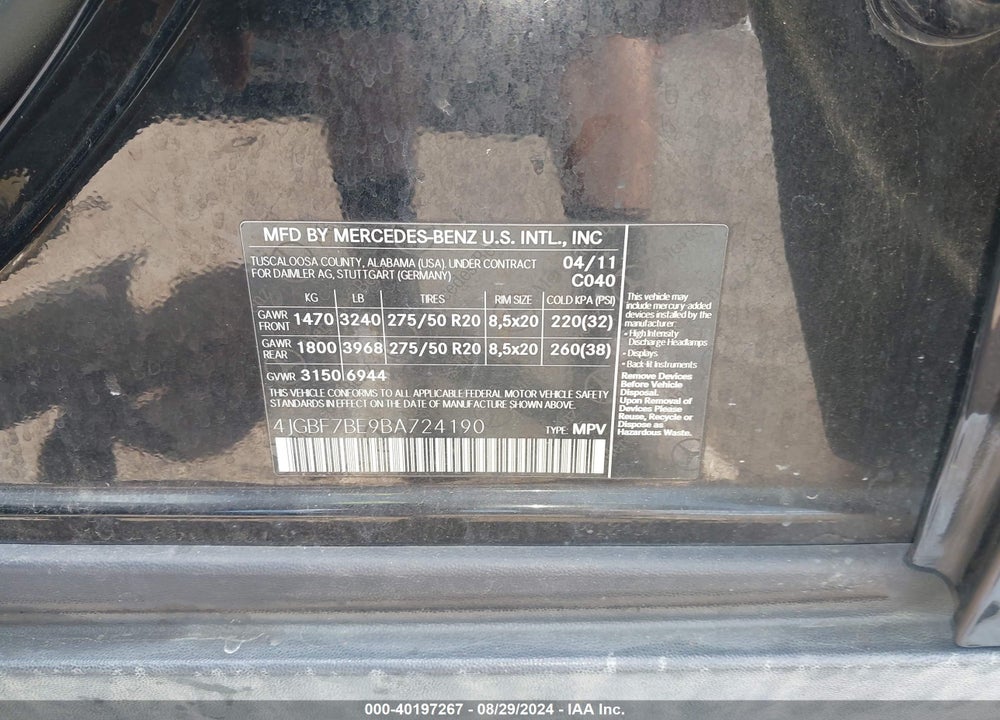 2011 MERCEDES-BENZ GL 450 4MATIC VIN: 4JGBF7BE9BA724190