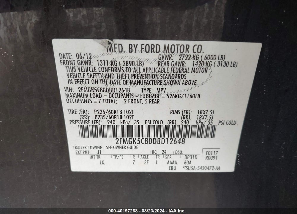 2013 FORD FLEX SEL VIN: 2FMGK5C80DBD12648