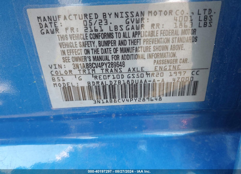 2023 NISSAN SENTRA SV XTRONIC CVT VIN: 3N1AB8CV4PY289648