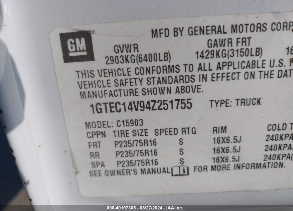 2004 GMC SIERRA 1500 WORK TRUCK VIN: 1GTEC14V94Z251755