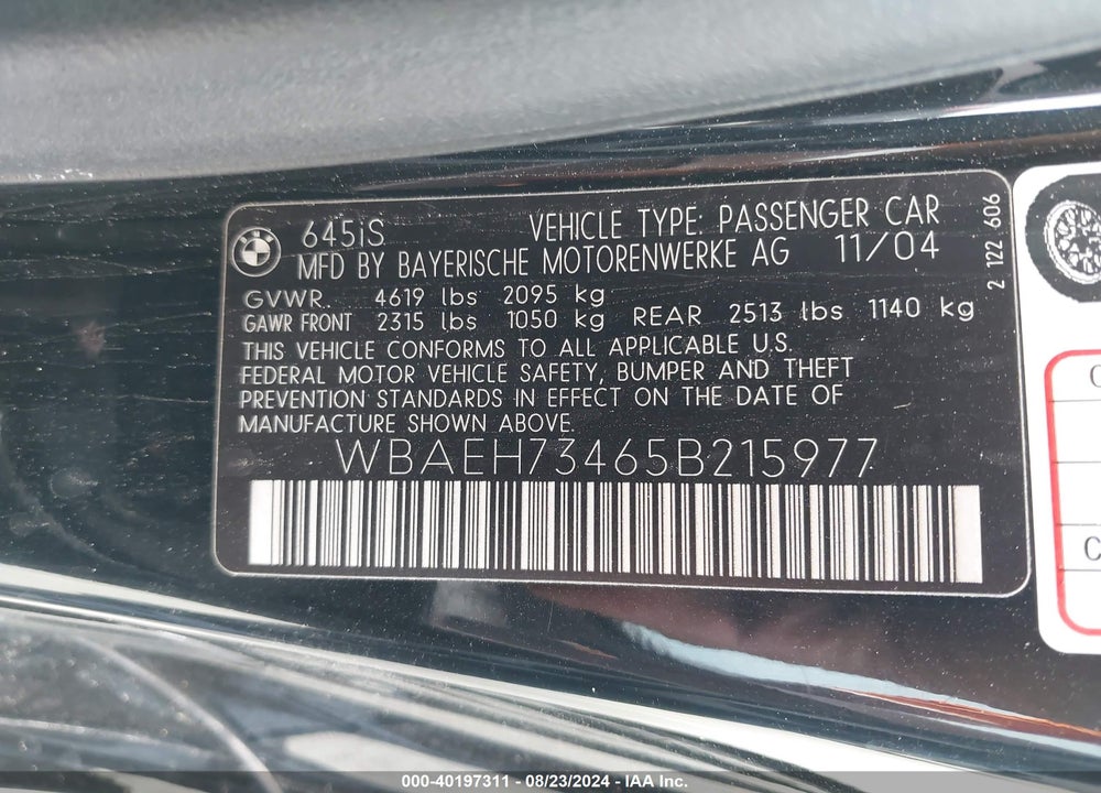 2005 BMW 645CI VIN: WBAEH73465B215977