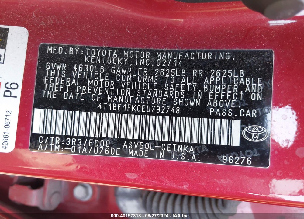 2014 TOYOTA CAMRY LE VIN: 4T1BF1FK0EU792748