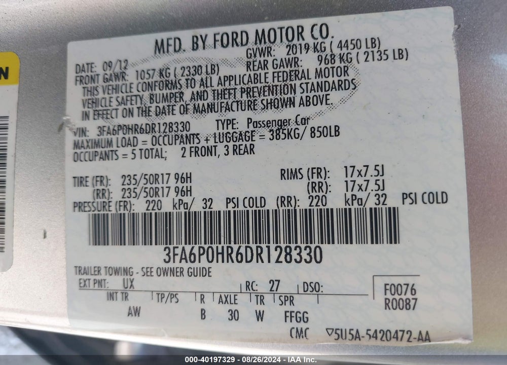 2013 FORD FUSION SE VIN: 3FA6P0HR6DR128330