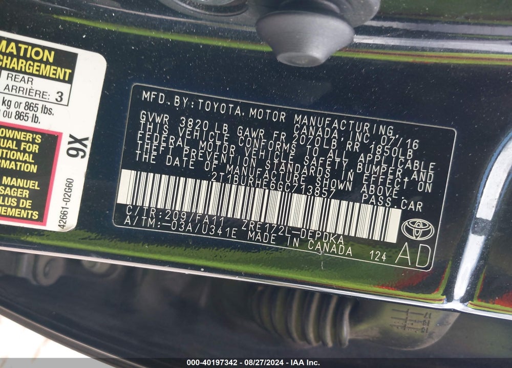 2016 TOYOTA COROLLA L VIN: 2T1BURHE6GC713857