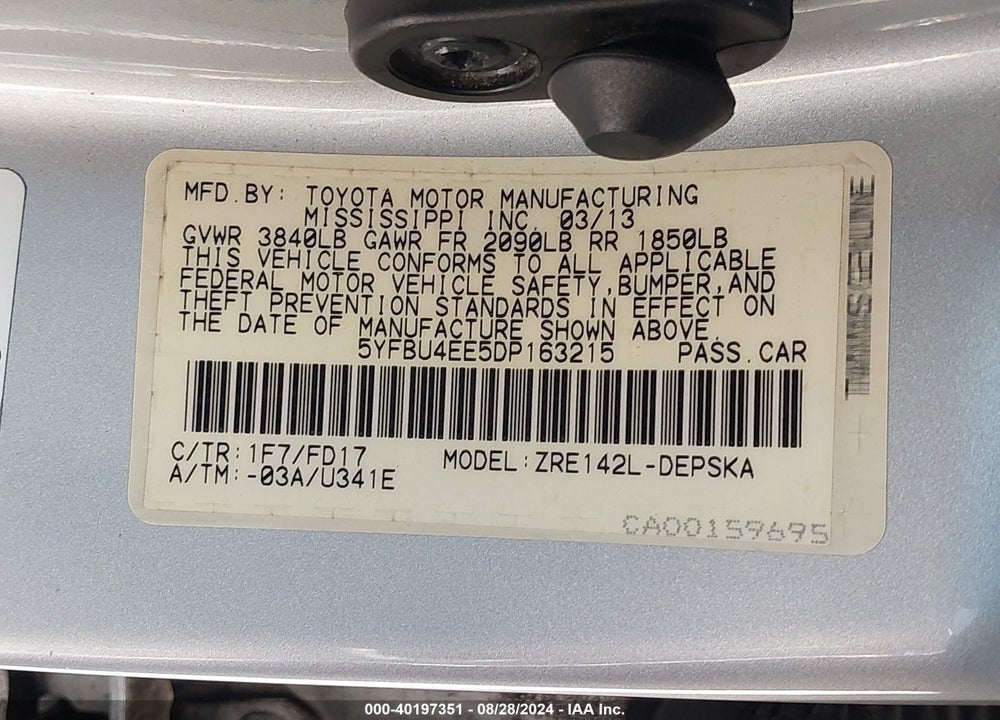 2013 TOYOTA COROLLA S VIN: 5YFBU4EE5DP163215