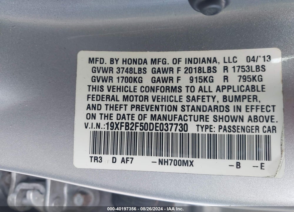 2013 HONDA CIVIC LX VIN: 19XFB2F50DE037730