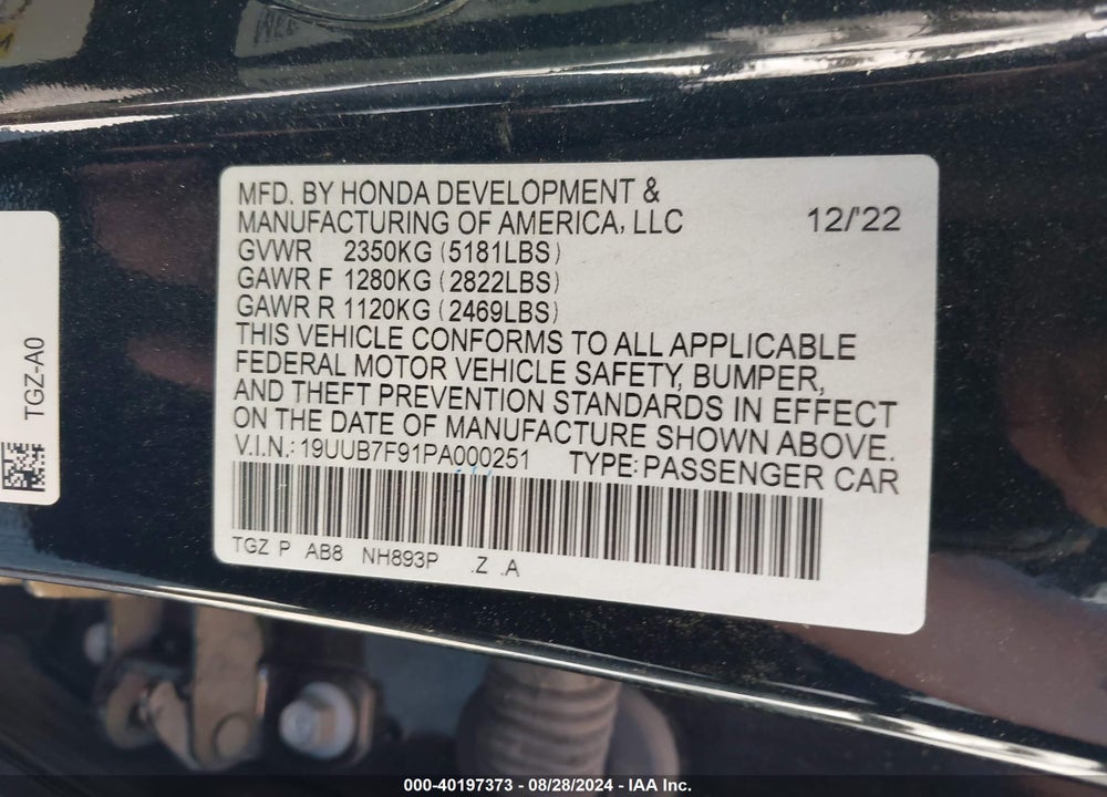 2023 ACURA TLX TYPE S - HP WHEEL AND TIRE VIN: 19UUB7F91PA000251