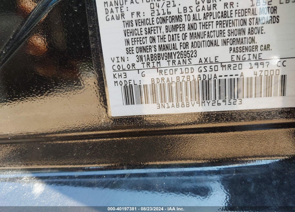 2021 NISSAN SENTRA S XTRONIC CVT VIN: 3N1AB8BV9MY269523