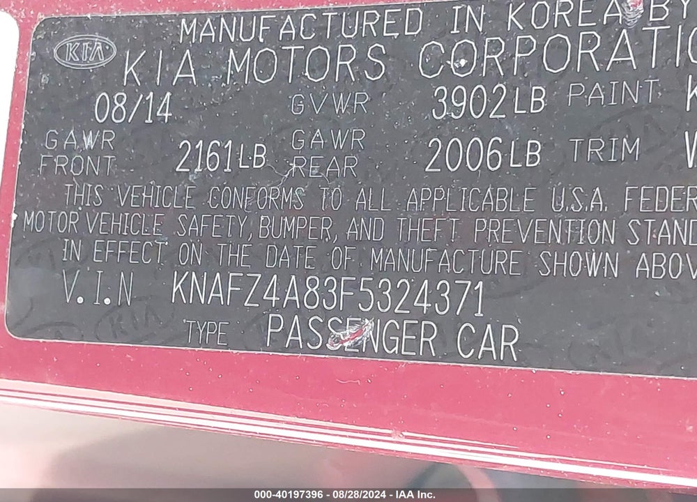 2015 KIA FORTE EX VIN: KNAFZ4A83F5324371