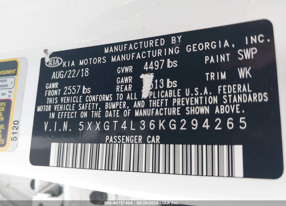 2019 KIA OPTIMA LX VIN: 5XXGT4L36KG294265