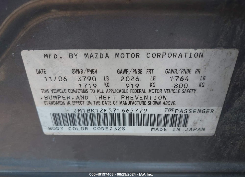 2007 MAZDA MAZDA3 VIN: JM1BK12F571665779