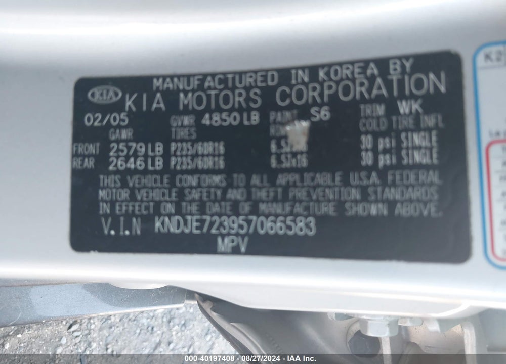 2005 KIA SPORTAGE EX V6/LX V6 VIN: KNDJE723957066583