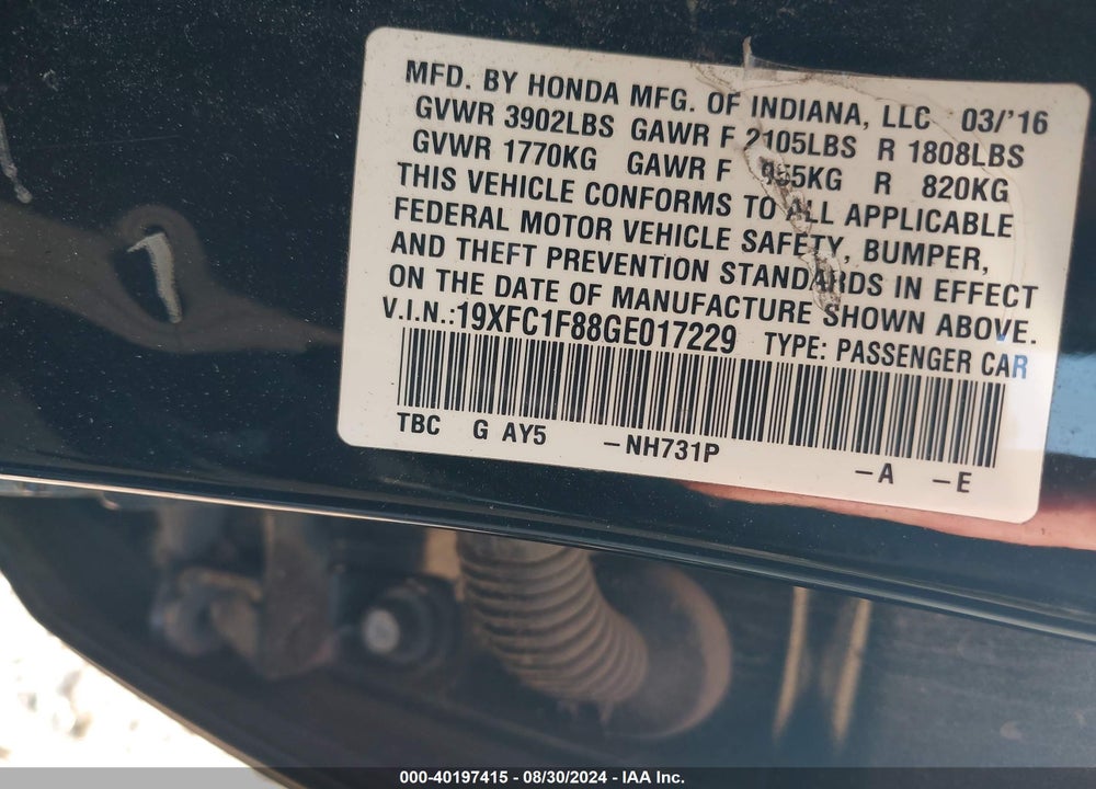 2016 HONDA CIVIC EX-L VIN: 19XFC1F88GE017229