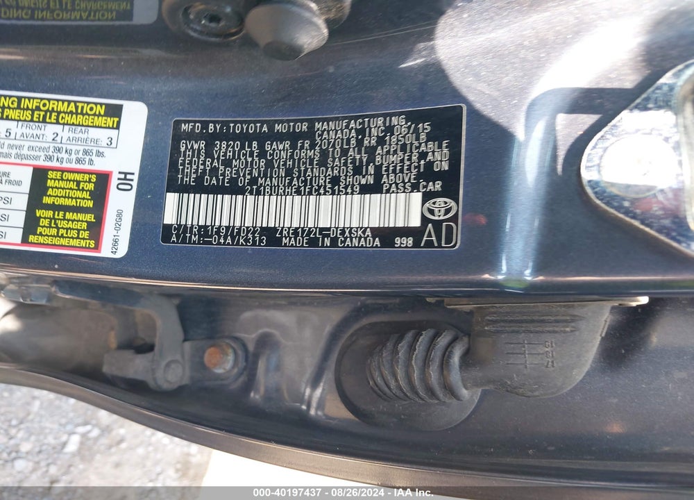 2015 TOYOTA COROLLA S PLUS VIN: 2T1BURHE1FC451549