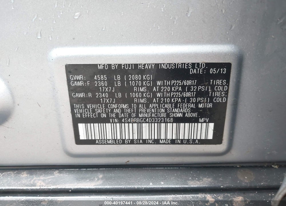 2013 SUBARU OUTBACK 2.5I PREMIUM VIN: 4S4BRBGC4D3323168