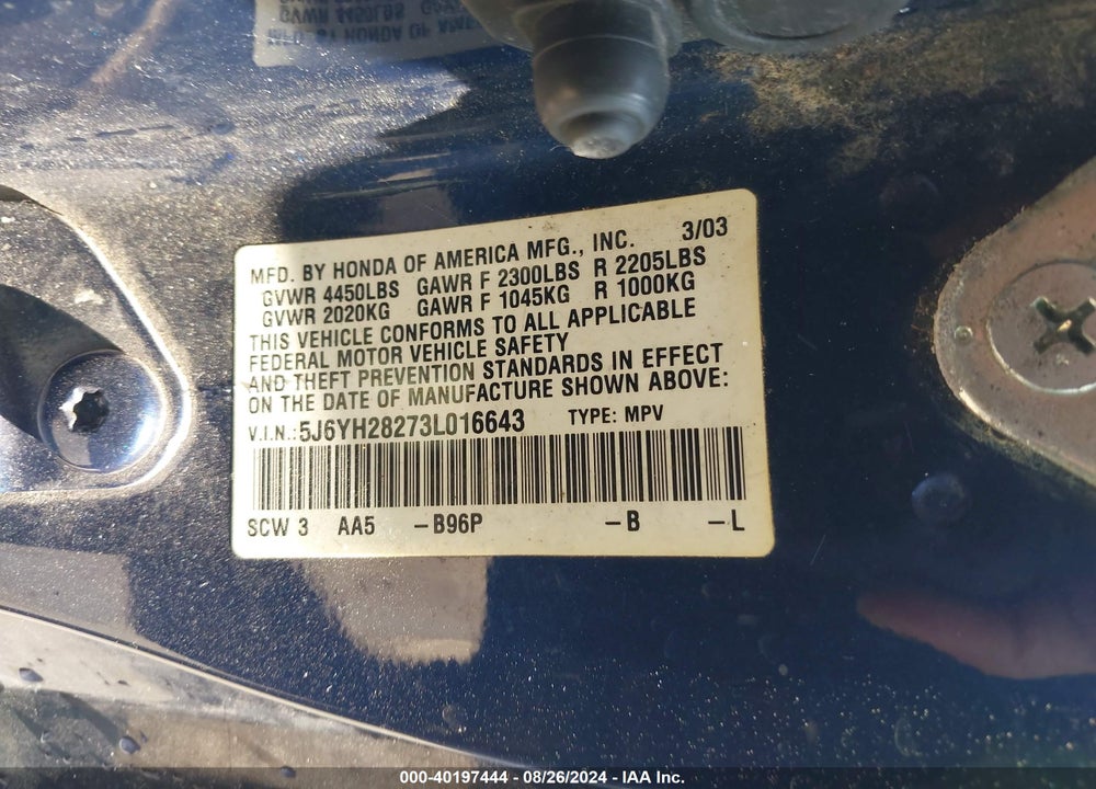 2003 HONDA ELEMENT DX VIN: 5J6YH28273L016643