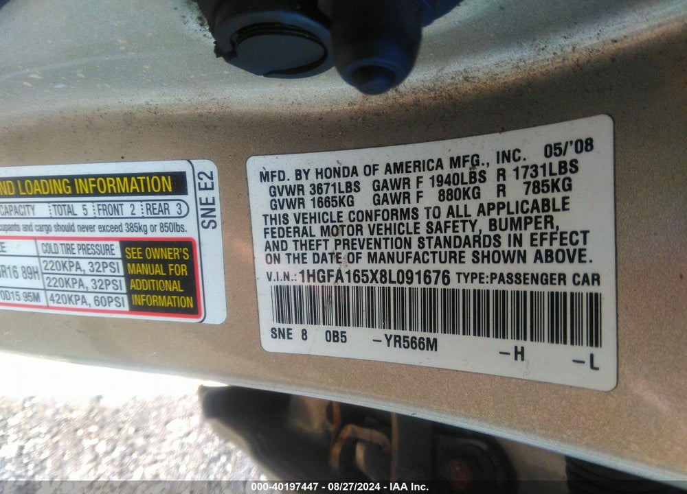 2008 HONDA CIVIC SDN LX VIN: 1HGFA165X8L091676