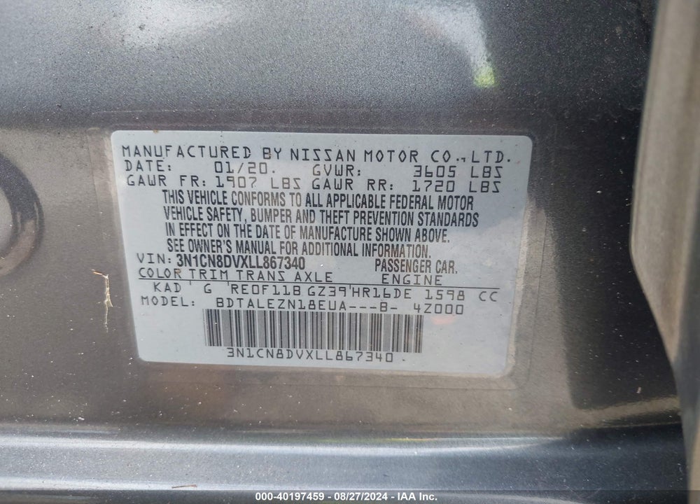 2020 NISSAN VERSA S XTRONIC CVT VIN: 3N1CN8DVXLL867340