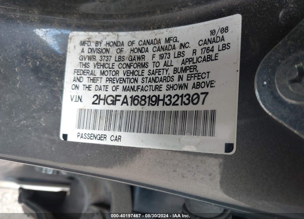 2009 HONDA CIVIC VIN: 2HGFA16819H321307