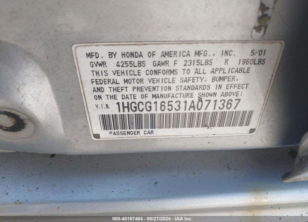 2001 HONDA ACCORD 3.0 EX VIN: 1HGCG16531A071367