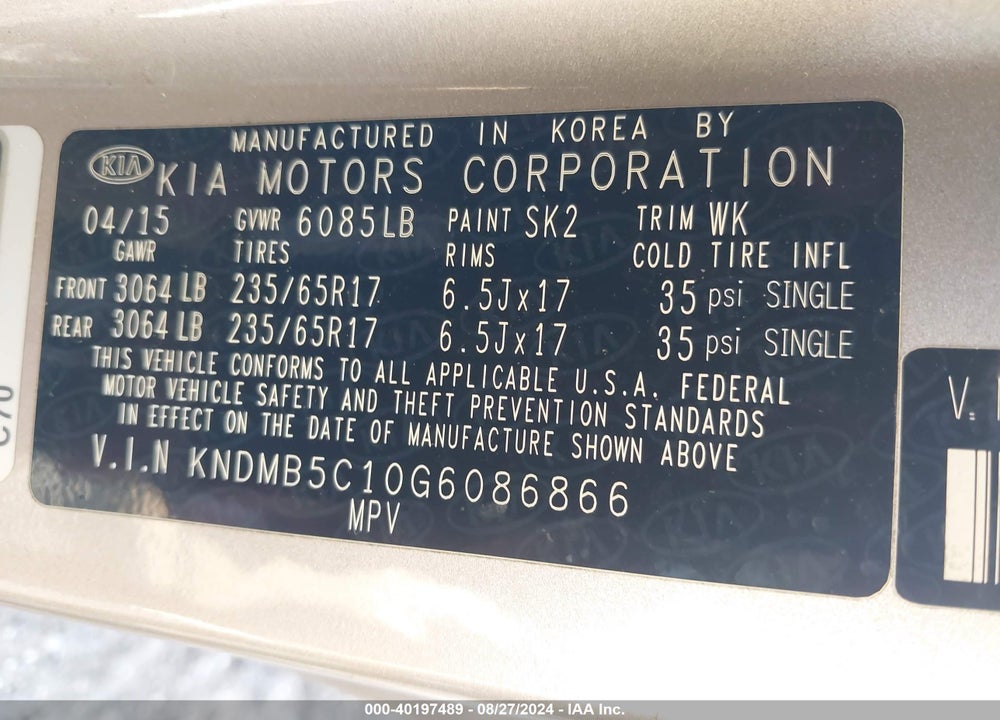 2016 KIA SEDONA VIN: KNDMB5C10G6086866