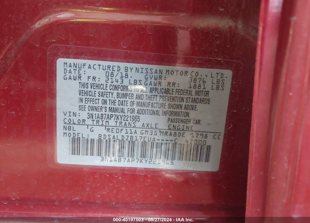 2019 NISSAN SENTRA SV VIN: 3N1AB7AP7KY221965