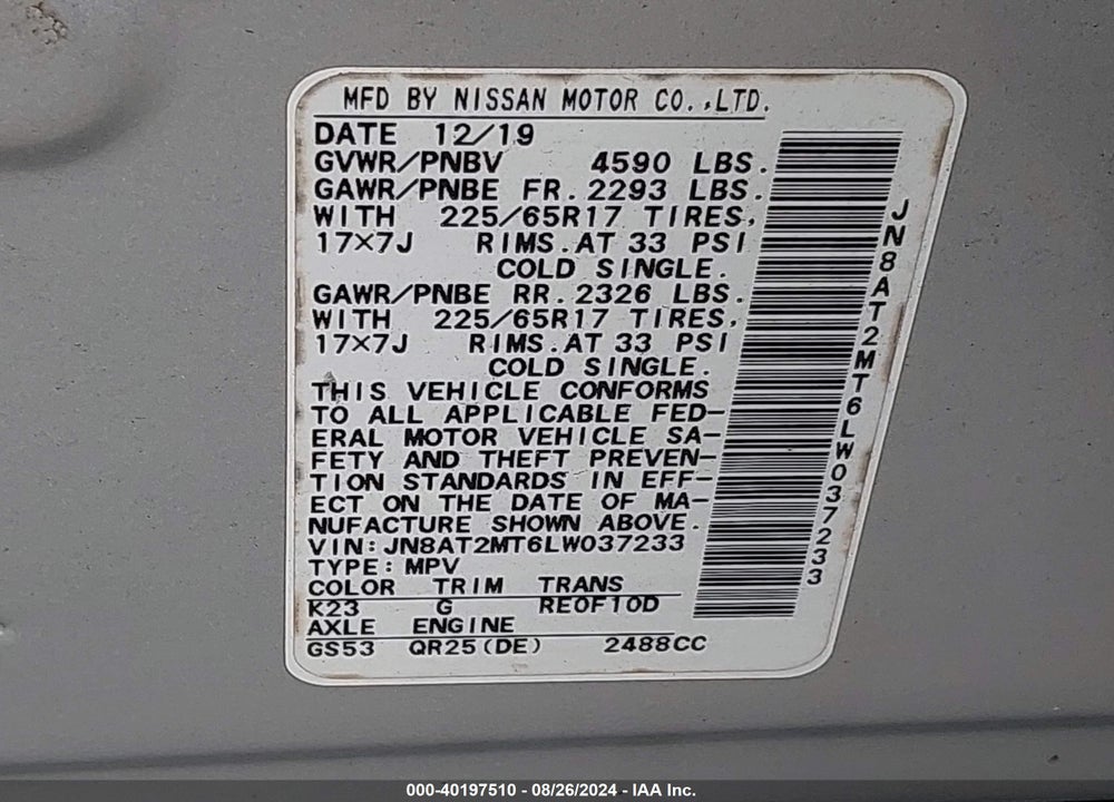 2020 NISSAN ROGUE S FWD VIN: JN8AT2MT6LW037233