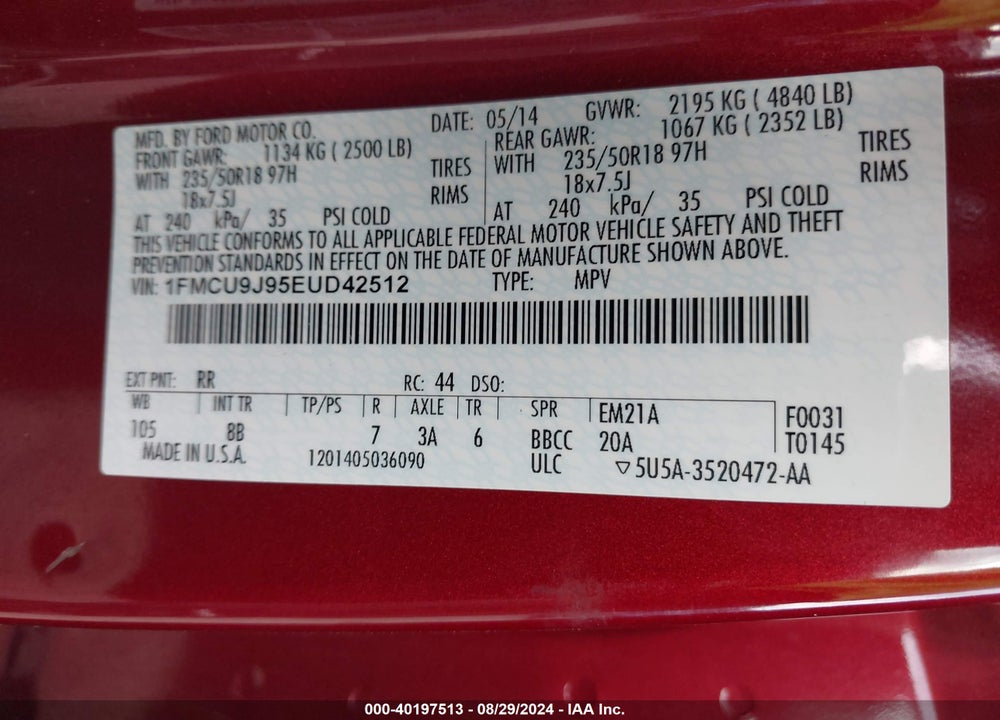 2014 FORD ESCAPE TITANIUM VIN: 1FMCU9J95EUD42512