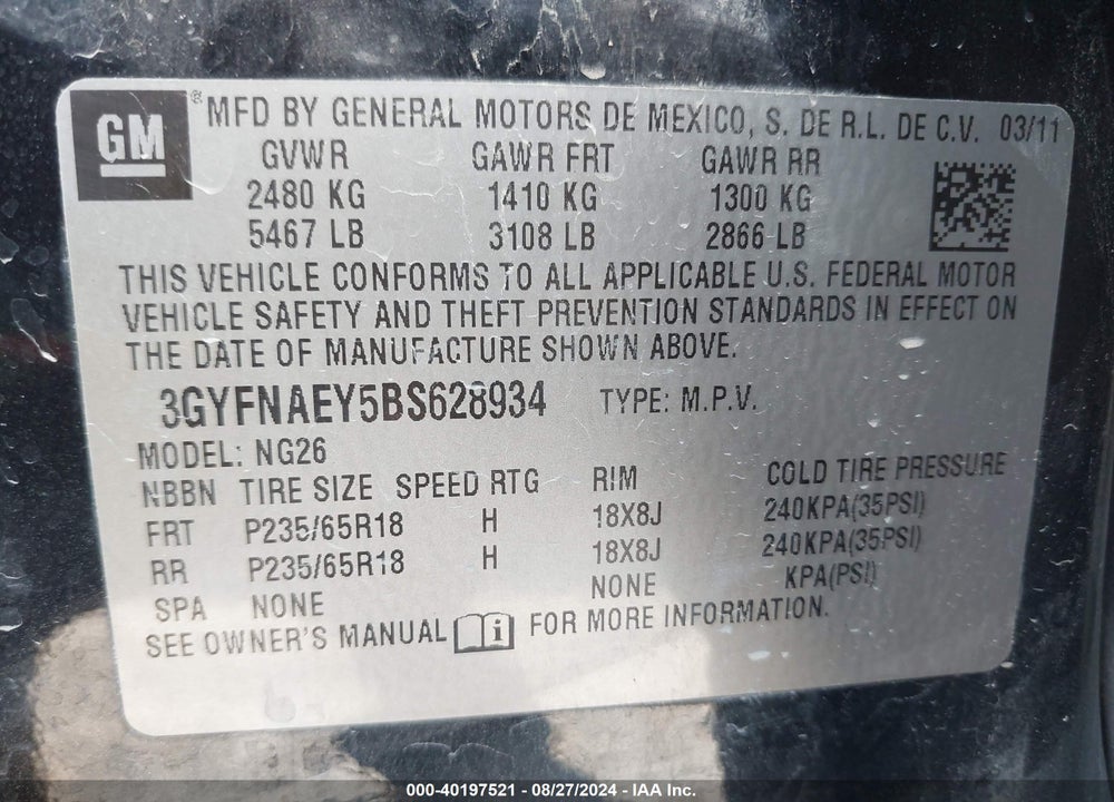 2011 CADILLAC SRX VIN: 3GYFNAEY5BS628934