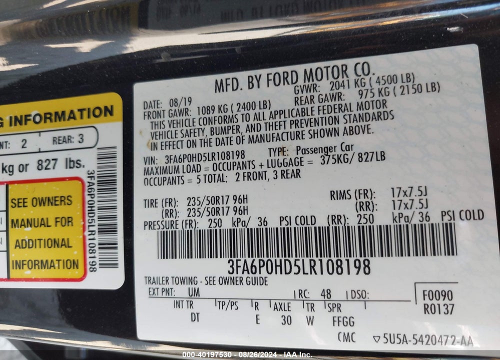 2020 FORD FUSION SE VIN: 3FA6P0HD5LR108198
