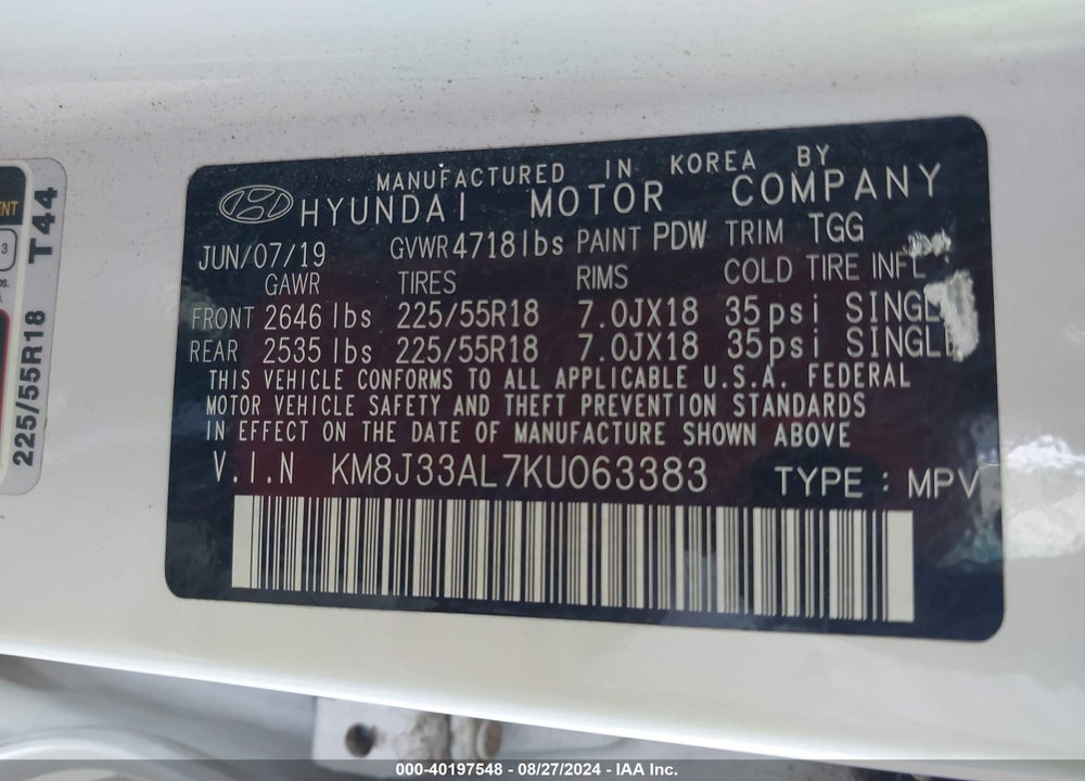 2019 HYUNDAI TUCSON SEL VIN: KM8J33AL7KU063383