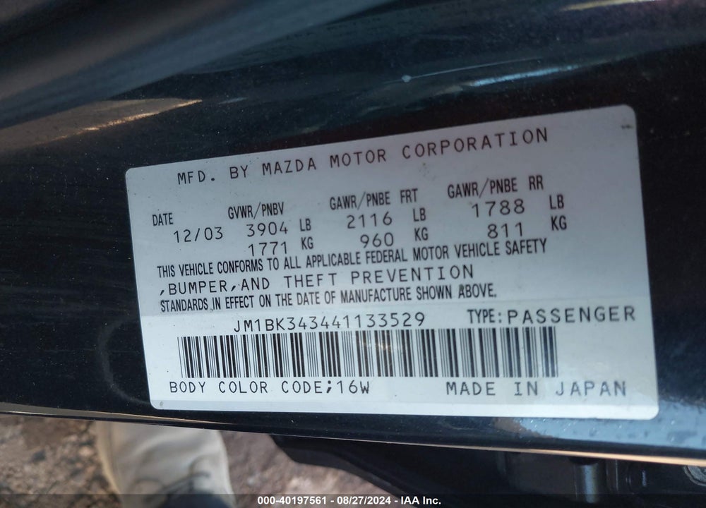 2004 MAZDA 3 S VIN: JM1BK343441133529
