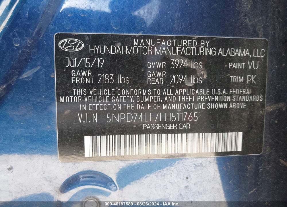 2020 HYUNDAI ELANTRA SE VIN: 5NPD74LF7LH511765