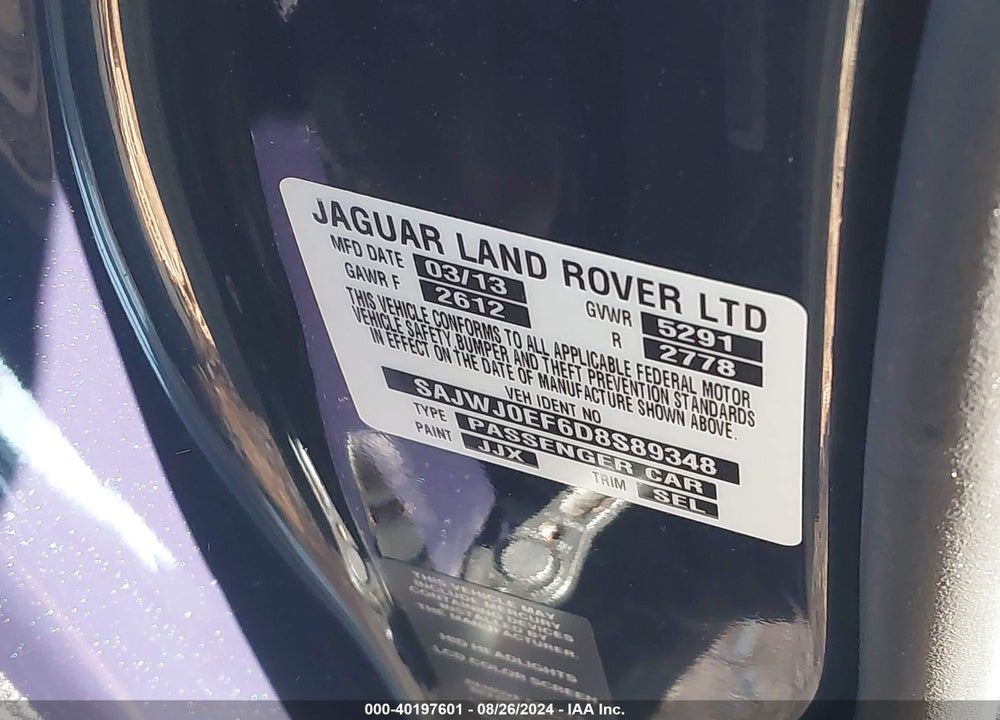 2013 JAGUAR XF V6 SC VIN: SAJWJ0EF6D8S89348