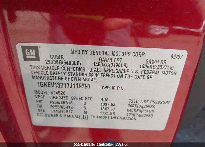 2007 GMC ACADIA SLE-1 VIN: 1GKEV13717J119397