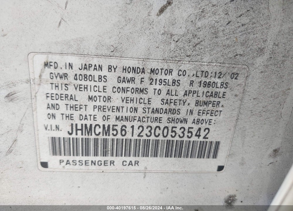 2003 HONDA ACCORD 2.4 DX VIN: JHMCM56123C053542